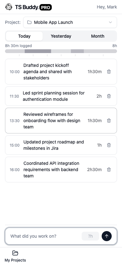Mobile companion quick log screen